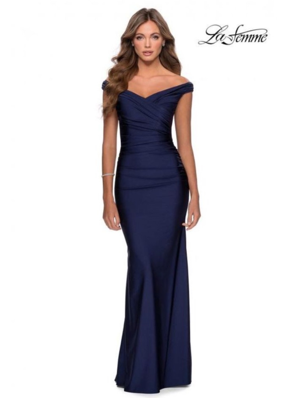 La Femme 28450 Off Shoulder Ruched  Sweetheart Neckline Trumpet Dress Navy - 2